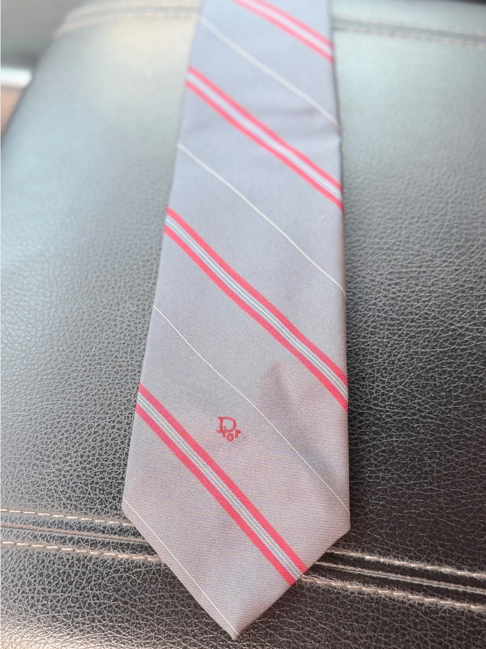 Dior Gray Silk Tie with Red and White Diagonal Stripes